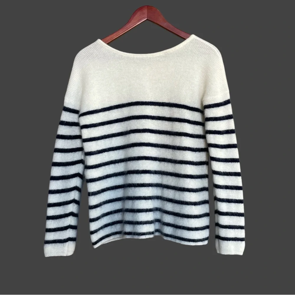 SEZANE Cream Navy Striped Mohair Alpaca Wool Reversible Gaspard Cardigan Sweater - Picture 5 of 17
